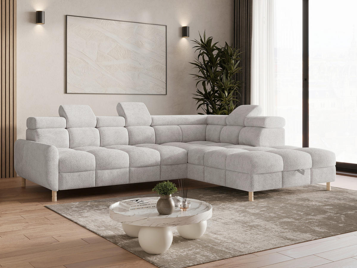 ECKSOFA BUN in Bouclé Hellgrau  - Elfenbein/Hellgrau, Design, Holz/Textil (276/209cm) - MID.YOU