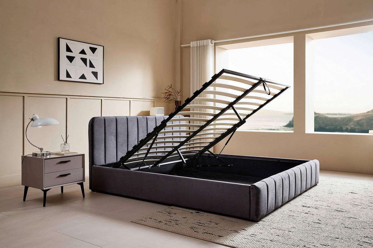 POLSTERBETT 140/200 cm, inkl. gepolstertes Kopfteil, Lattenrost, Bettkasten,  in Grau  - Schwarz/Naturfarben, Design, Holz/Kunststoff (140/200cm) - Boxxx