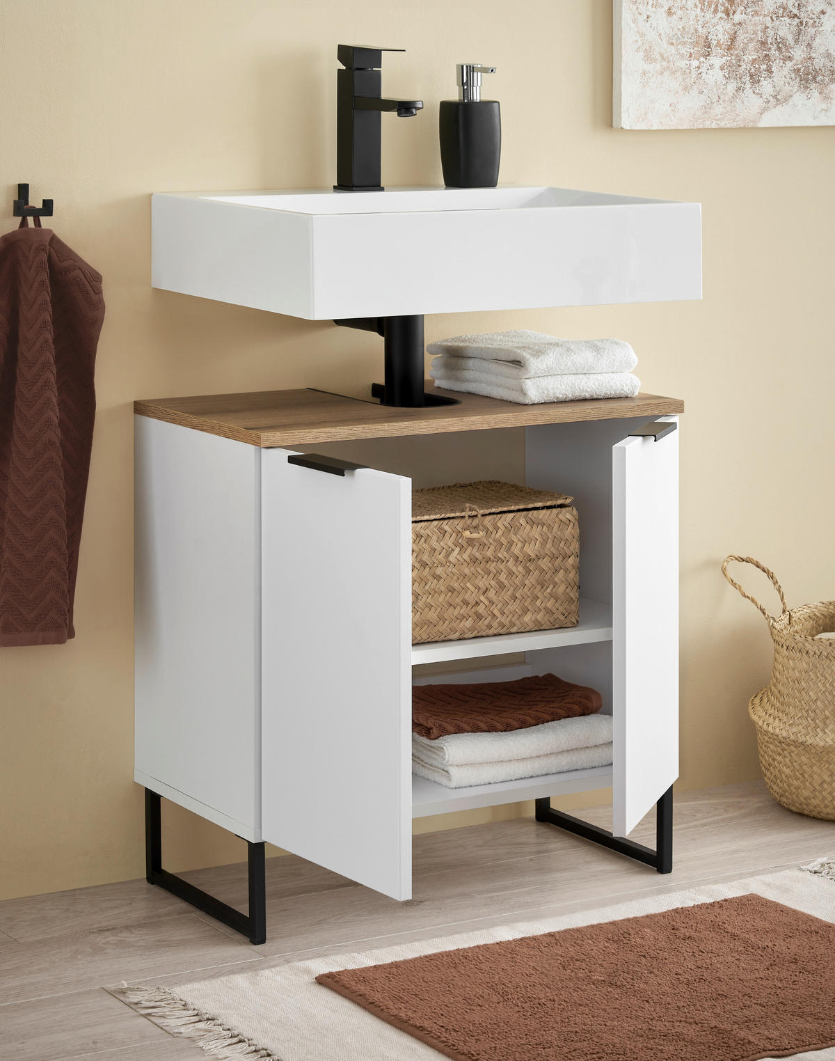 WASCHBECKENUNTERSCHRANK 60/60/35 cm  - Eichefarben/Schwarz, KONVENTIONELL, Holzwerkstoff/Metall (60/60/35cm) - home24