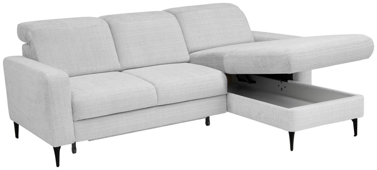 ECKSOFA FABIO Hellgrau Chenille Bettkasten, Kopfteilverstellung  - Hellgrau/Schwarz, Design, Textil/Metall (174/223cm) - Livetastic