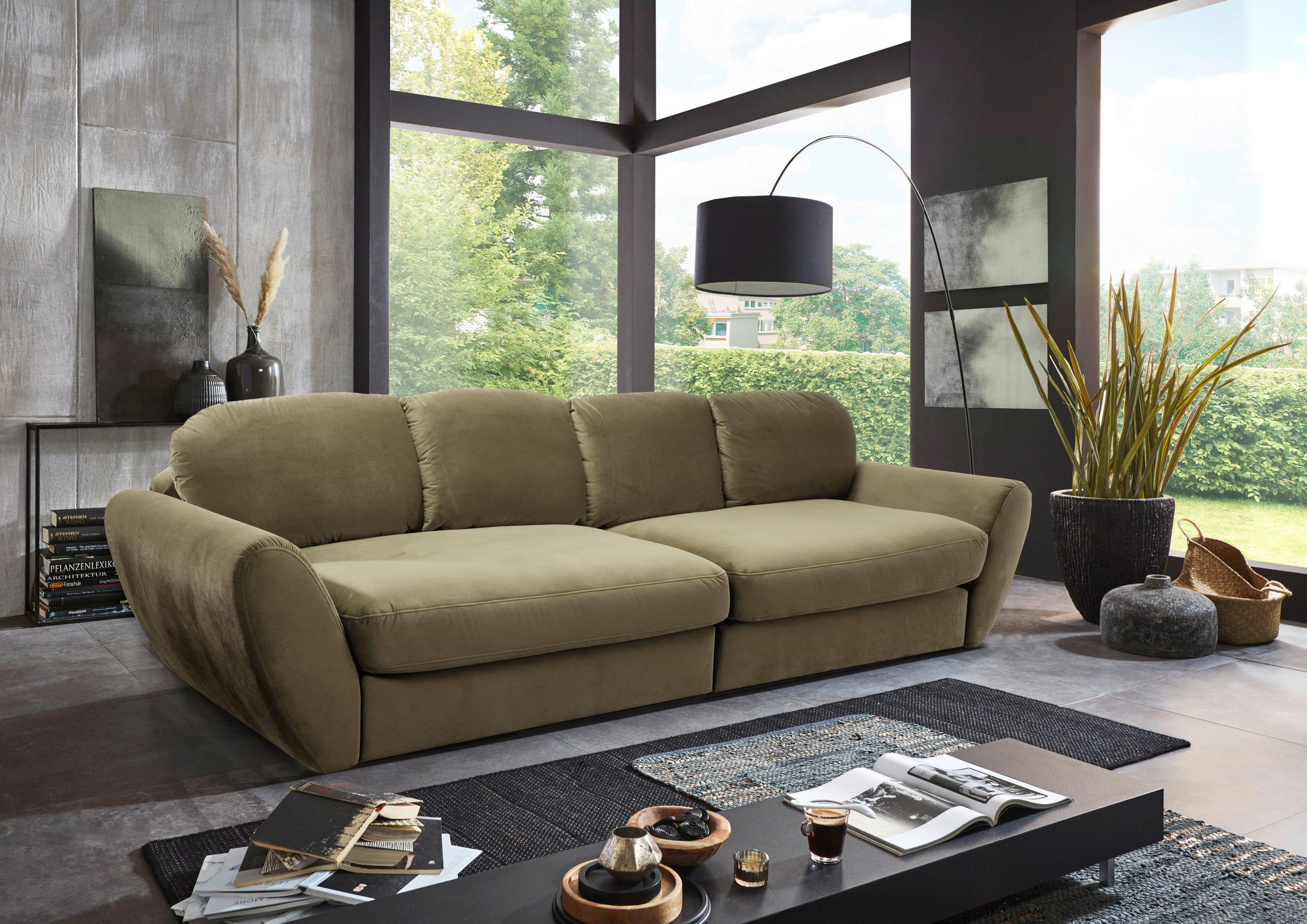 BIGSOFA Flachgewebe Olivgrün  - Schwarz/Olivgrün, MODERN, Kunststoff/Textil (290/96/113cm) - Cantus