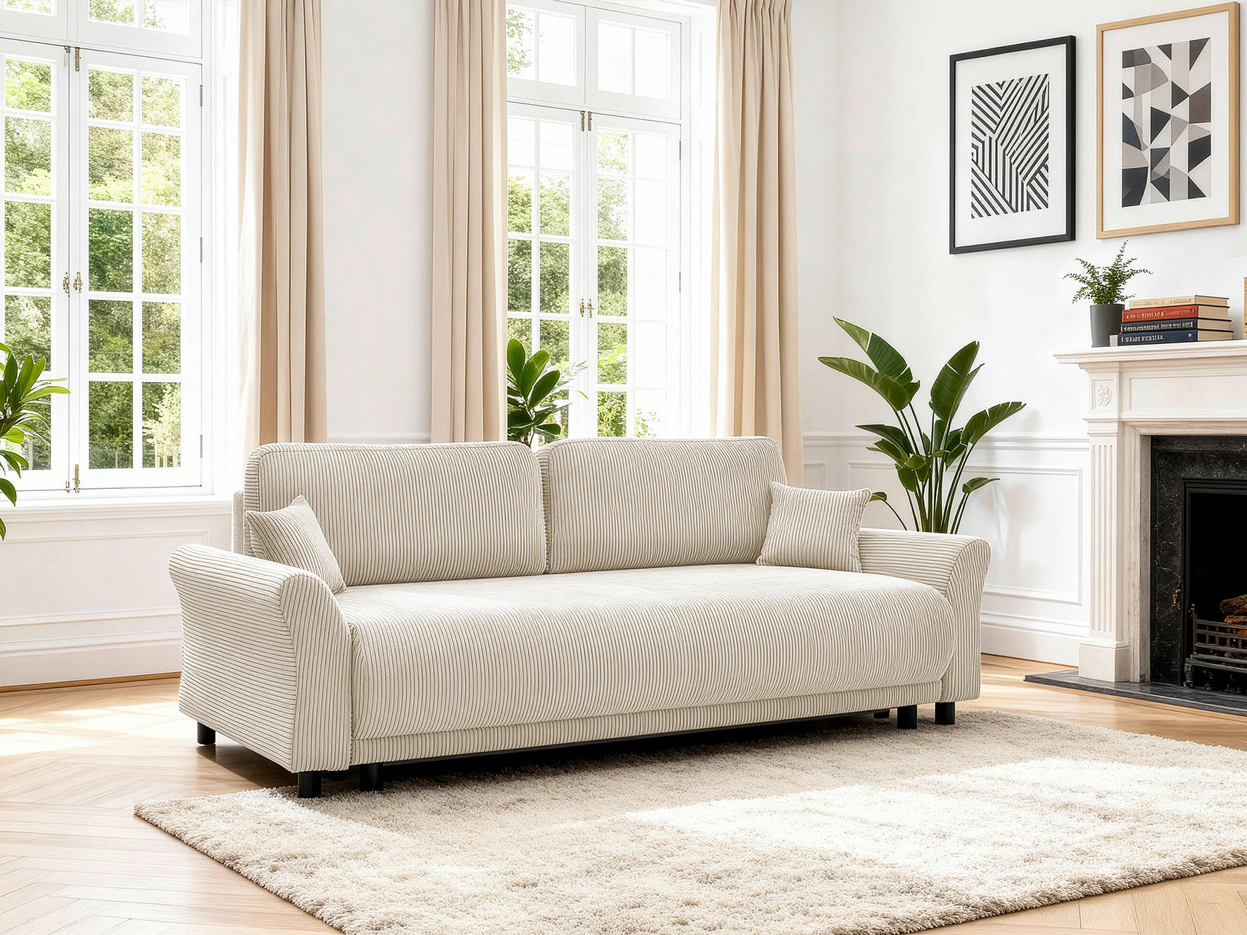SCHLAFSOFA Malta Cord Creme  inkl. Zierkissen, Rückenkissen, Bettkasten, Schlaffunktion, Rücken echt  - Creme/Schwarz, Design, Textil (244/88/100cm) - P & B
