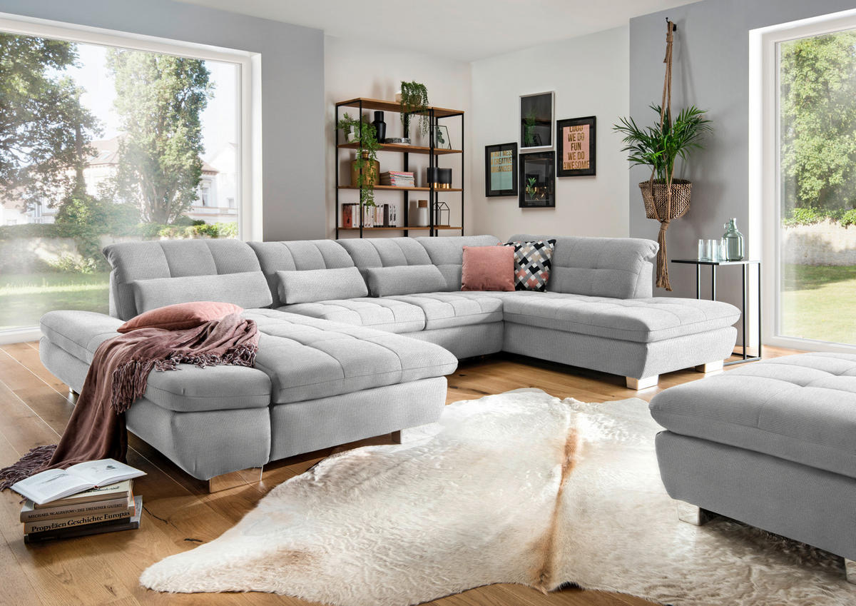 WOHNLANDSCHAFT in Mikrofaser Hellgrau  - Chromfarben/Hellgrau, Design, Kunststoff/Textil (204/350/211cm) - Xora