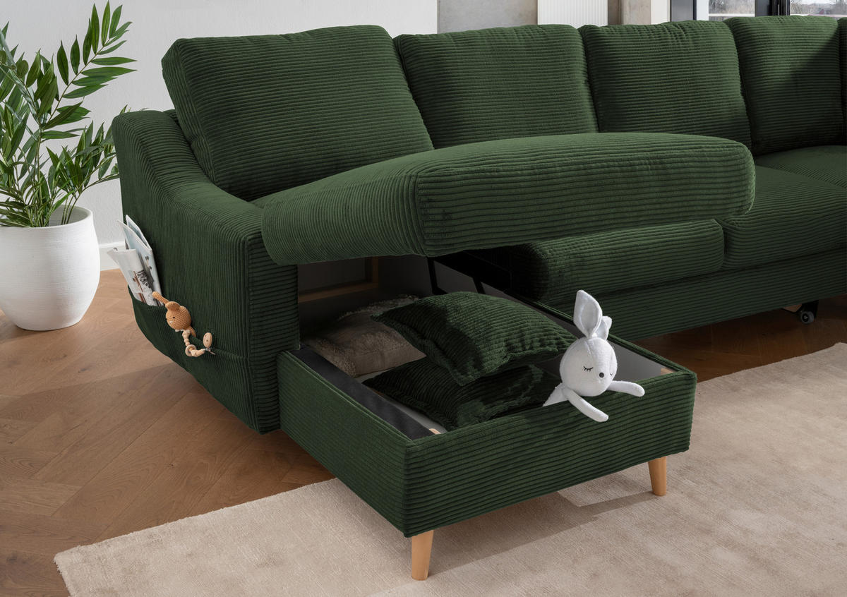 WOHNLANDSCHAFT Dunkelgrün Cord  - Dunkelgrün/Naturfarben, KONVENTIONELL, Holz/Textil (150/301/200cm) - P & B