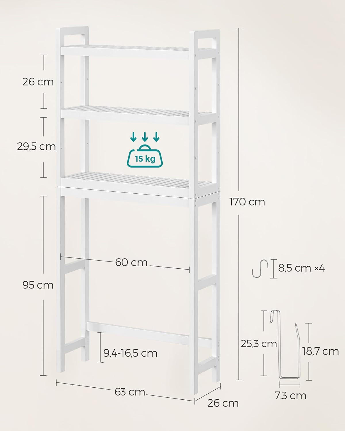 BADEZIMMERREGAL 63/170/26.1 cm  - Weiß, Basics, Naturmaterialien (63/170/26.1cm)