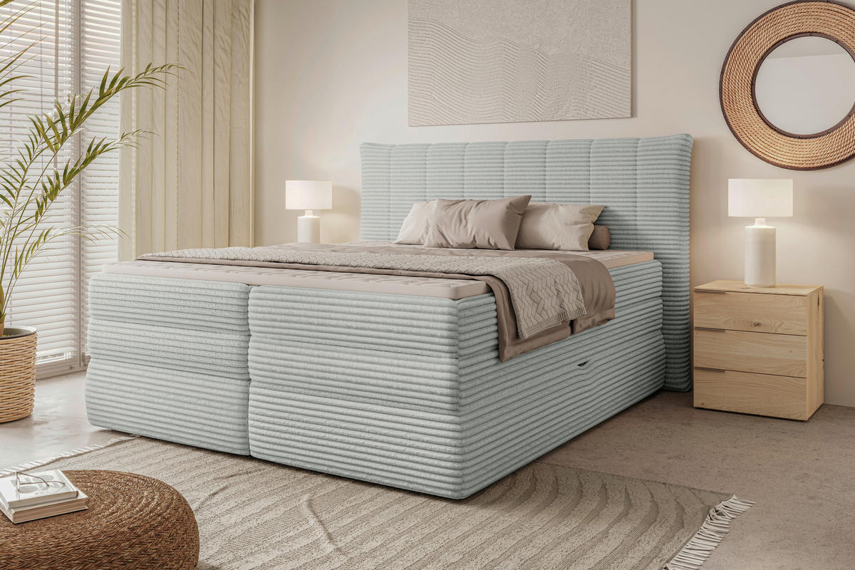 BOXSPRINGBETT 180/200 cm,  in Greige, gepolstertes Kopfteil, Bettkasten, Topper, Matratzen, H2 + H4 = mittel + sehr fest  - Greige/Schwarz, Design, Kunststoff/Textil (180/200cm) - Chameo