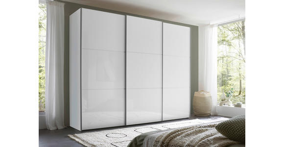 SCHWEBETÜRENSCHRANK 280/222/68 cm 3-türig Weiß, Weiß Hochglanz - Weiß Hochglanz/Alufarben, MODERN, Holzwerkstoff/Metall (280/222/68cm) - Moderano