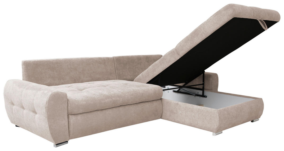 ECKSCHLAFSOFA Velours Beige  inkl. Bettkasten, Schlaffunktion  - Chromfarben/Beige, Design, Kunststoff/Textil (277/175cm) - Livetastic