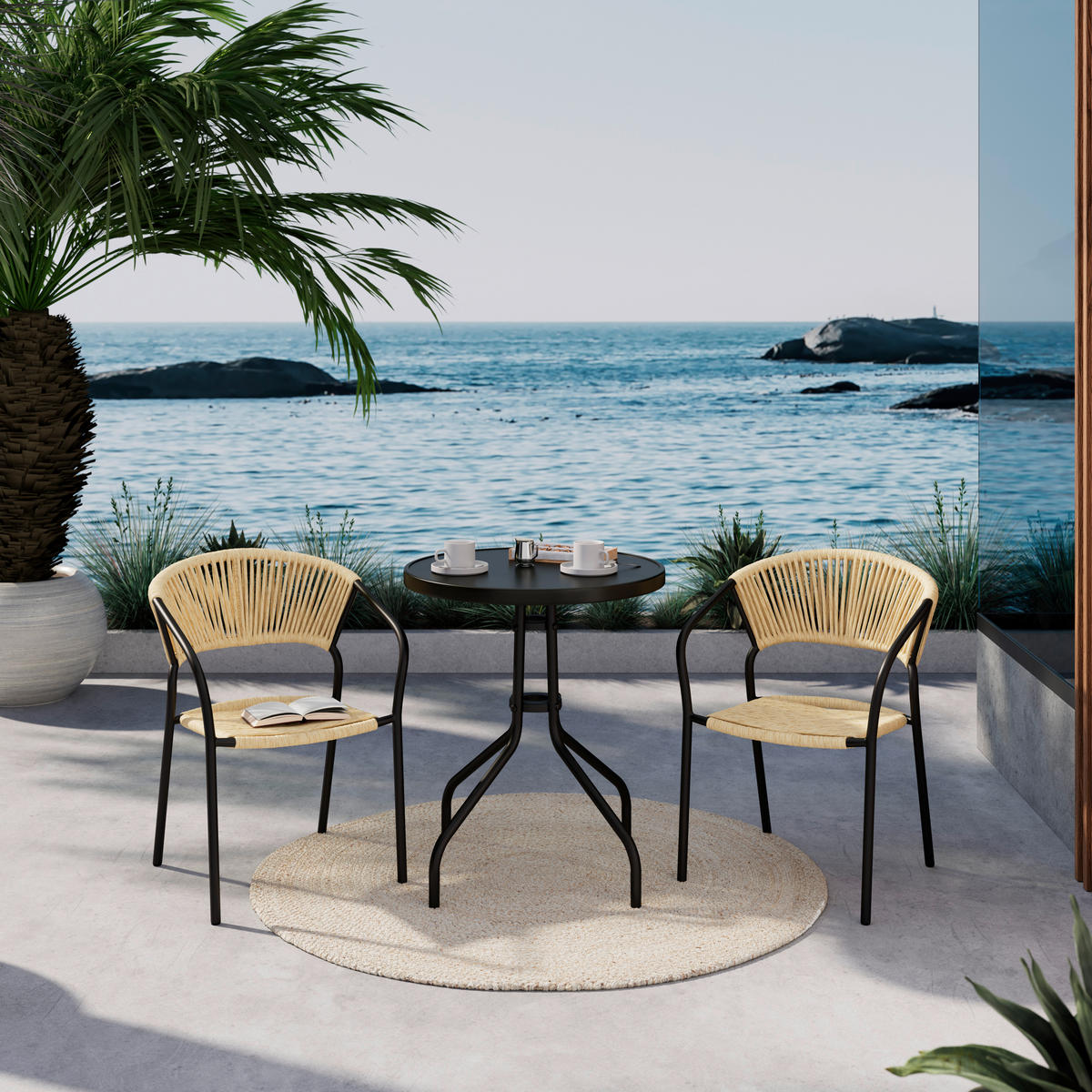 BALKONSET  3-teilig  - Schwarz/Naturfarben, Basics, Glas/Kunststoff (55/78/55cm) - Ambia Garden