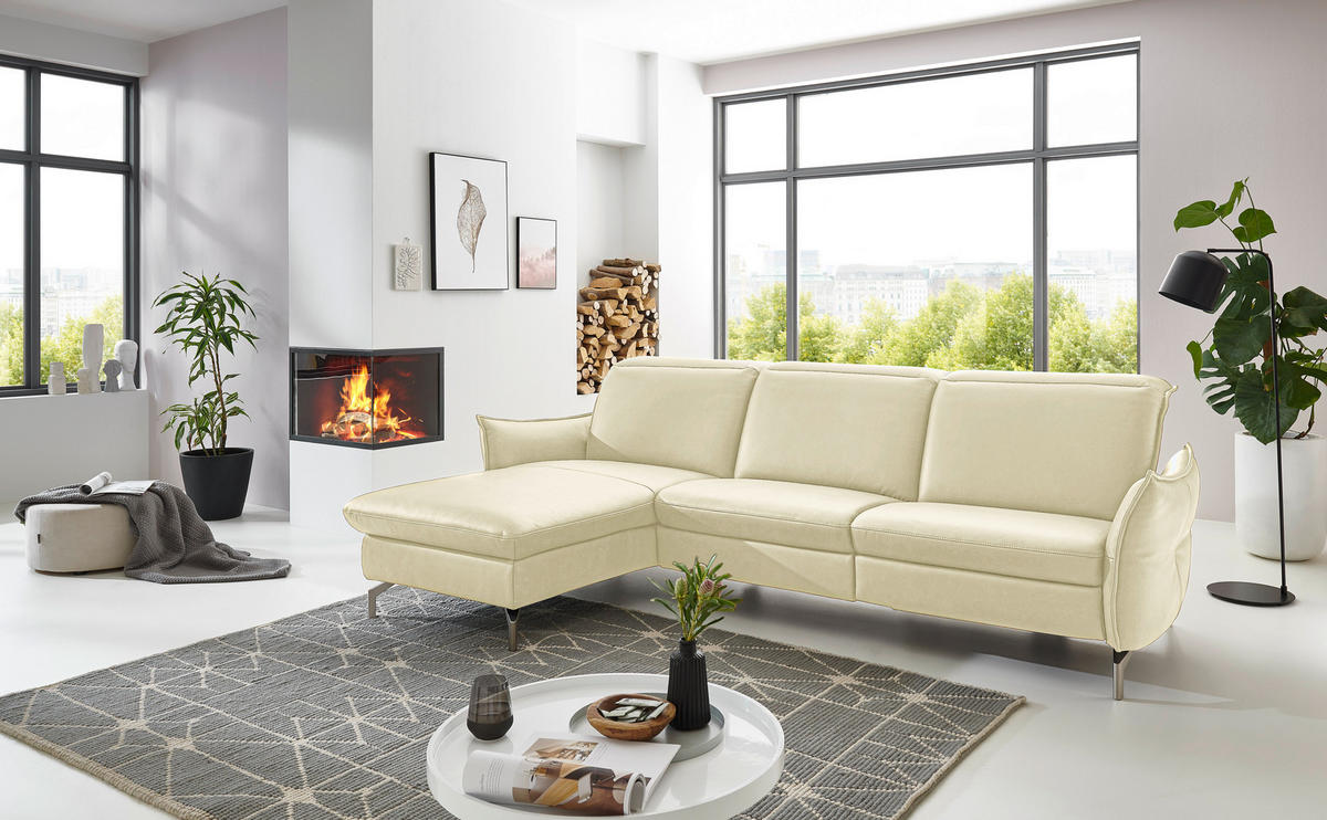 ECKSOFA in Echtleder Creme  - Creme/Nickelfarben, Modern, Leder/Metall (179/233cm) - Livetastic