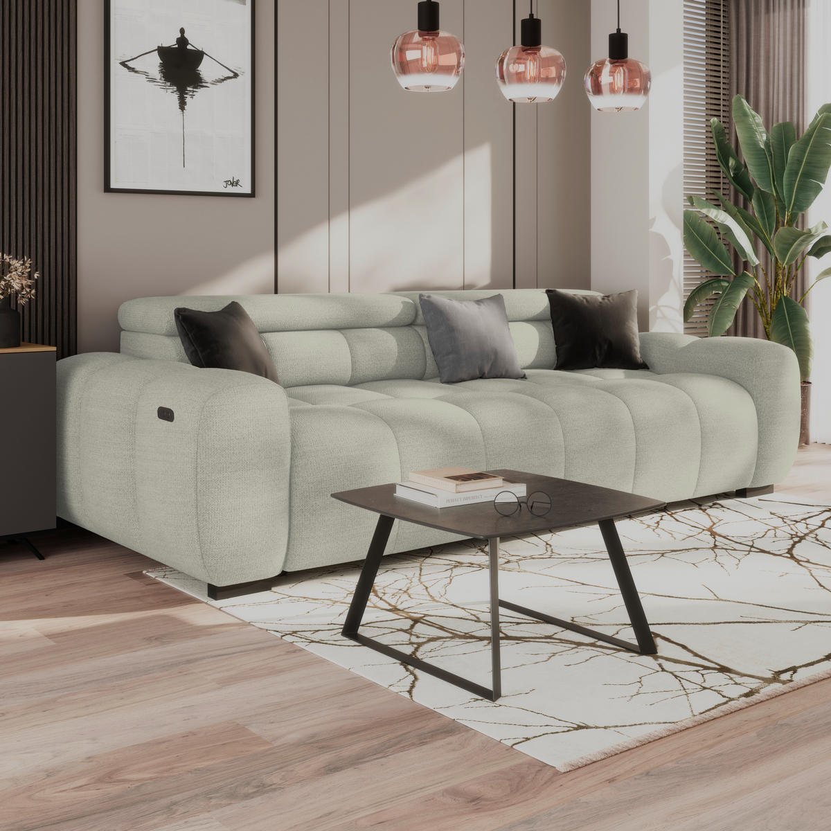 BIGSOFA inkl. mot. Funktion Webstoff Creme  - Creme/Schwarz, Design, Kunststoff/Textil (248/77-97/108cm) - Welnova