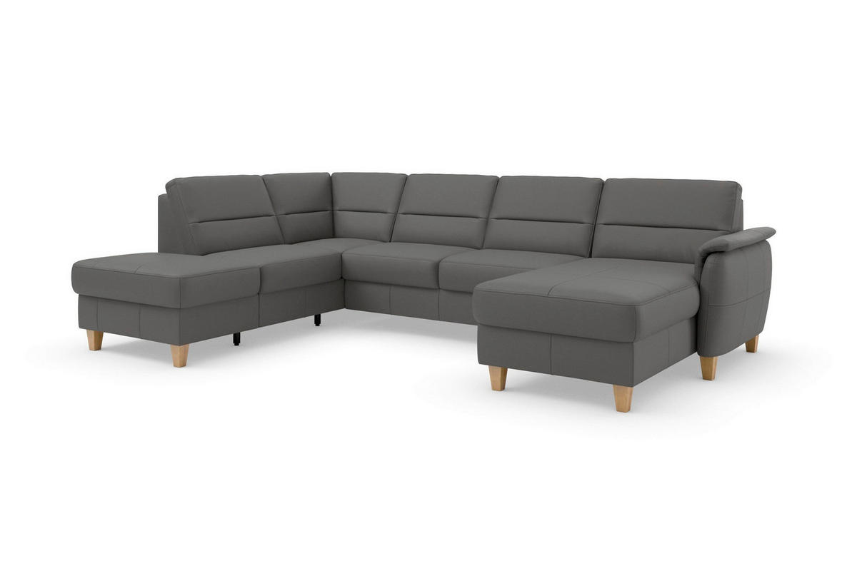 WOHNLANDSCHAFT Echtleder Mokka  - Eichefarben/Mokka, Basics, Leder/Holz (212/308/163cm) - Sit & More