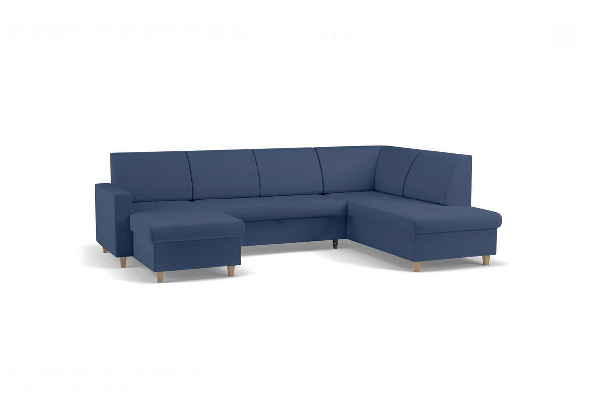 WOHNLANDSCHAFT Bouclé Blau  - Blau/Buchefarben, Design, Holz/Holzwerkstoff (310/160/145cm) - MID.YOU