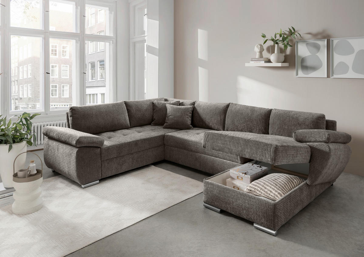 Wohnlandschaft in Mikrofaser Graubraun  - Chromfarben/Graubraun, KONVENTIONELL, Textil (219/305/157cm) - Livetastic