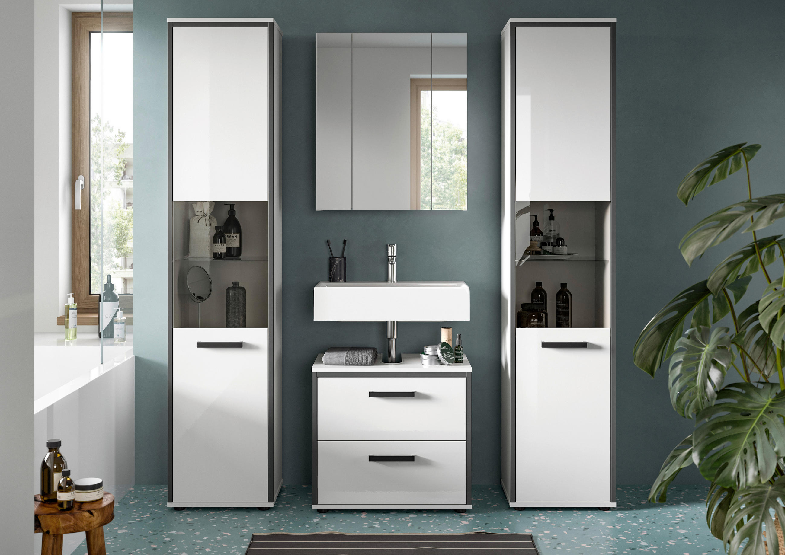 BADEZIMMER 4-teilig  in 140 cm  - Weiß Hochglanz, MODERN, Holzwerkstoff/Kunststoff (140cm) - MID.YOU