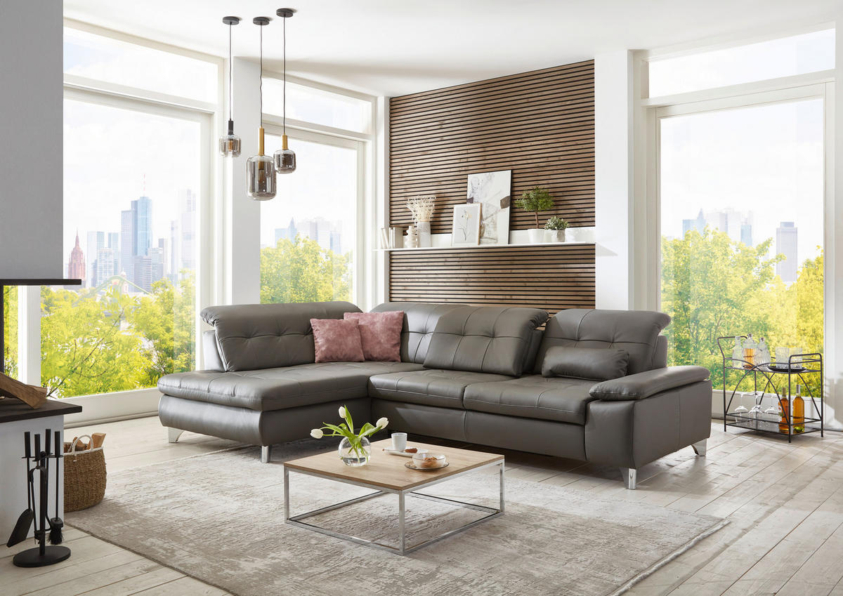 ECKSOFA in Echtleder Grau  - Grau, Basics, Leder/Metall (211/309cm) - Beldomo Speed