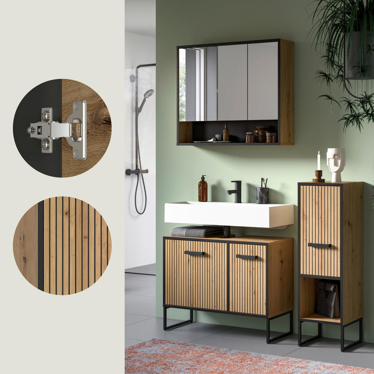 BADRUM 110 cm  - svart/ek Artisan, Trend, metall/trämaterial (110cm) - MID.YOU