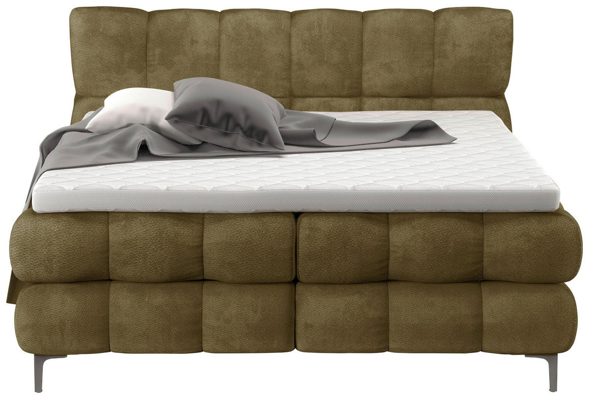 BOXBETT 160/200 cm,  in Olivgrün, gepolstertes Kopfteil, Bettkasten, Topper, H3 + H3 = fest  - Schwarz/Olivgrün, Design, Textil/Metall (160/200cm) - Ti'me