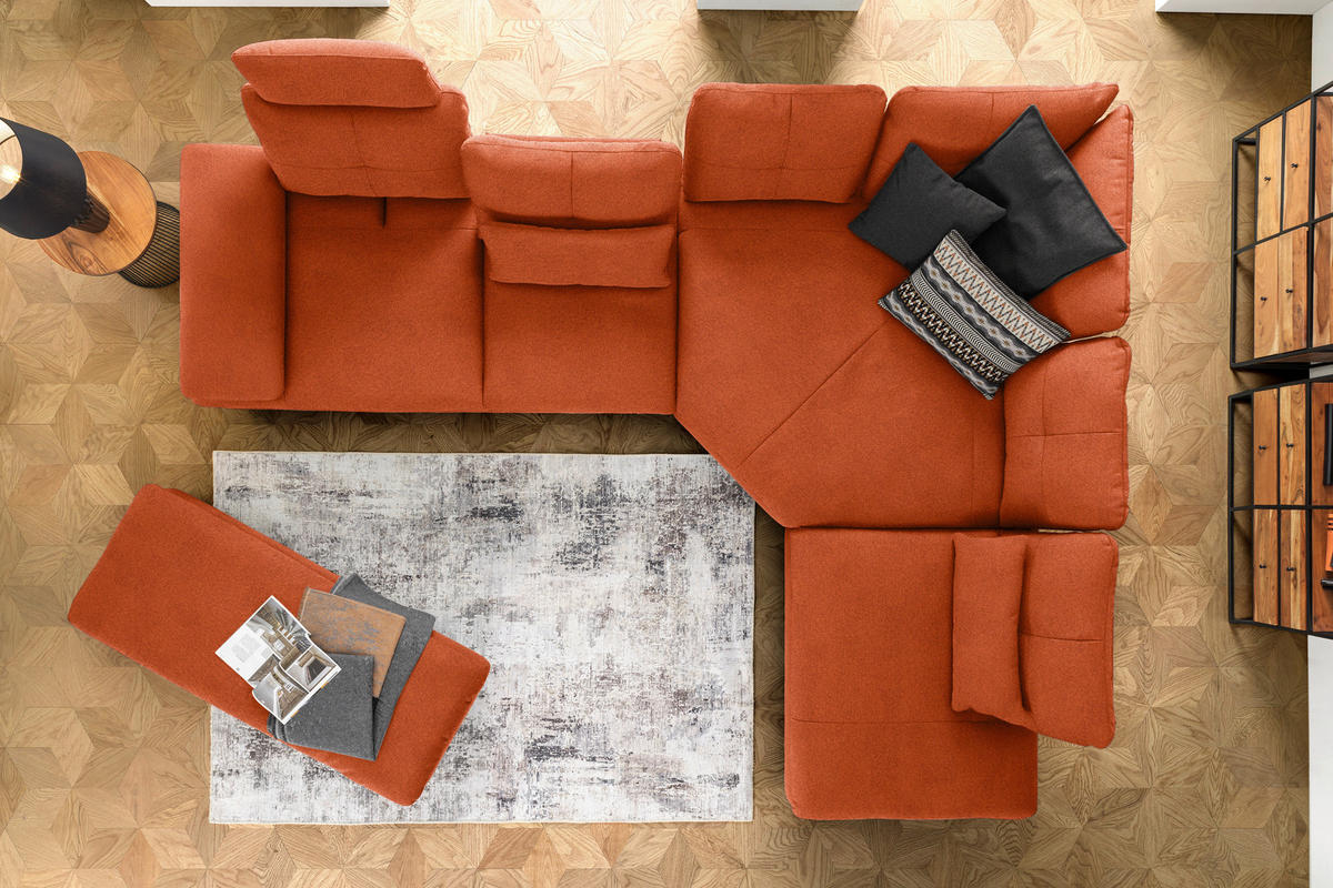 ECKSOFA in Flachgewebe Terracotta  - Terracotta/Schwarz, Design, Textil/Metall (344/271cm) - Chilliano