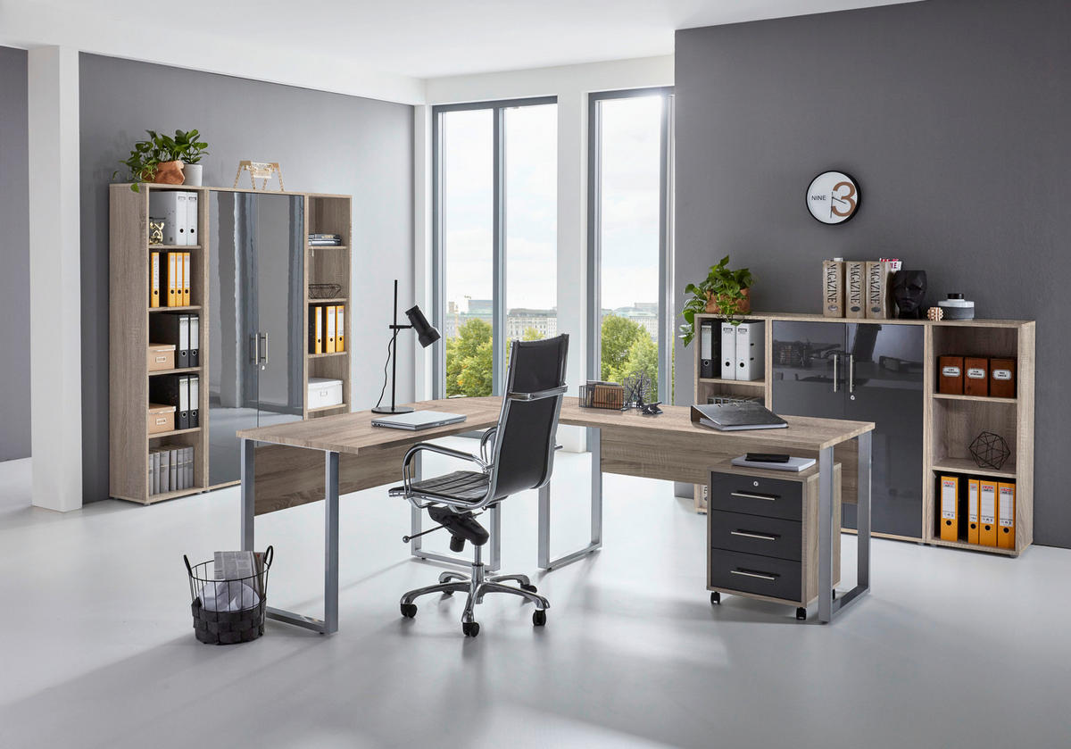 BÜRO erweiterbar, in verschiedenen Holz-Dekoren erhältlich, Schreibtisch seitenverkehrt montierbar, abschließbar Sonoma Eiche, Anthrazit Hochglanz - Anthrazit Hochglanz/Sonoma Eiche, MODERN, Holzwerkstoff - MID.YOU