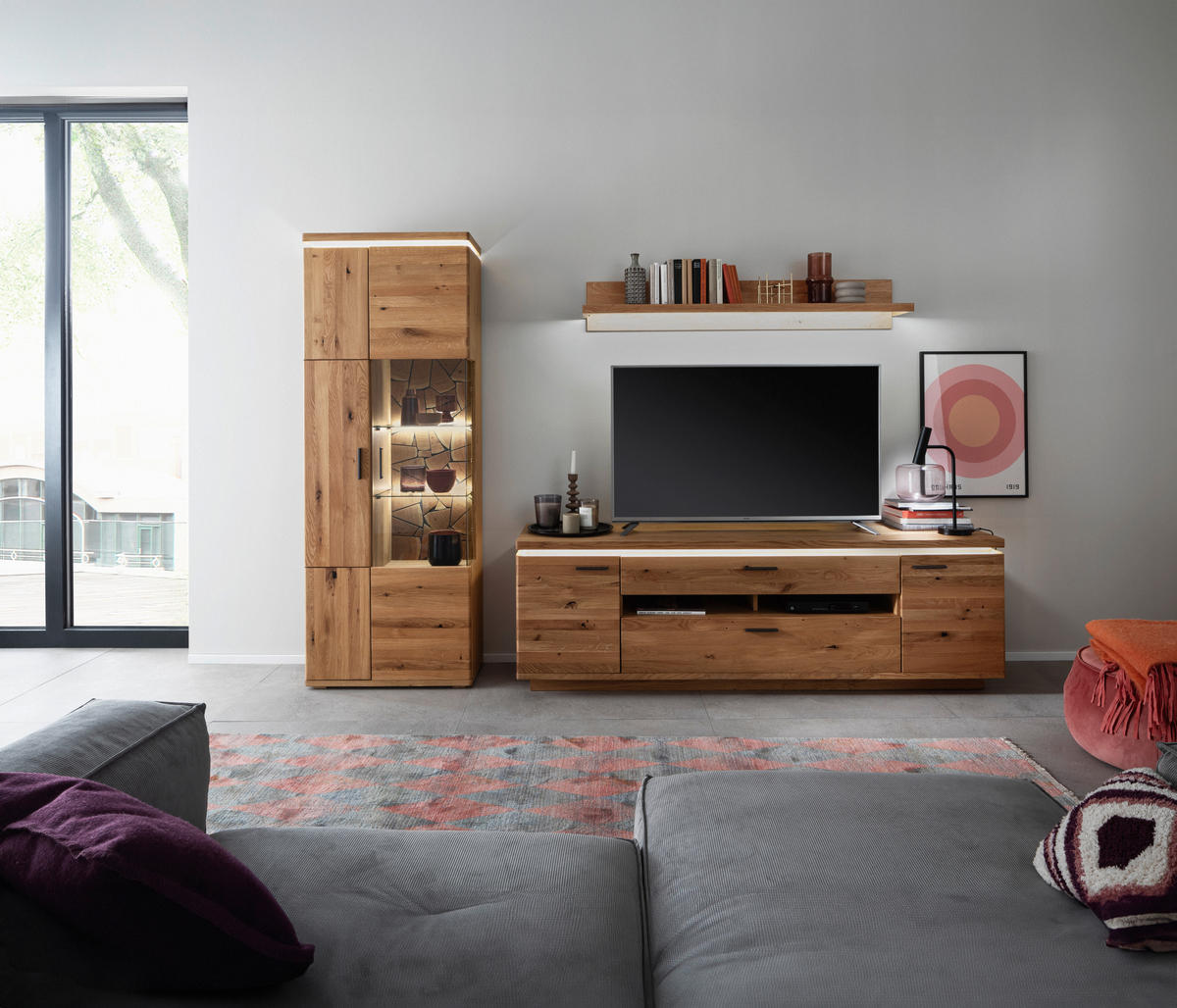 WOHNWAND  in Eichefarben 300/204/50 cm  - Eichefarben/Anthrazit, Natur, Glas/Holz (300/204/50cm) - Linea Natura