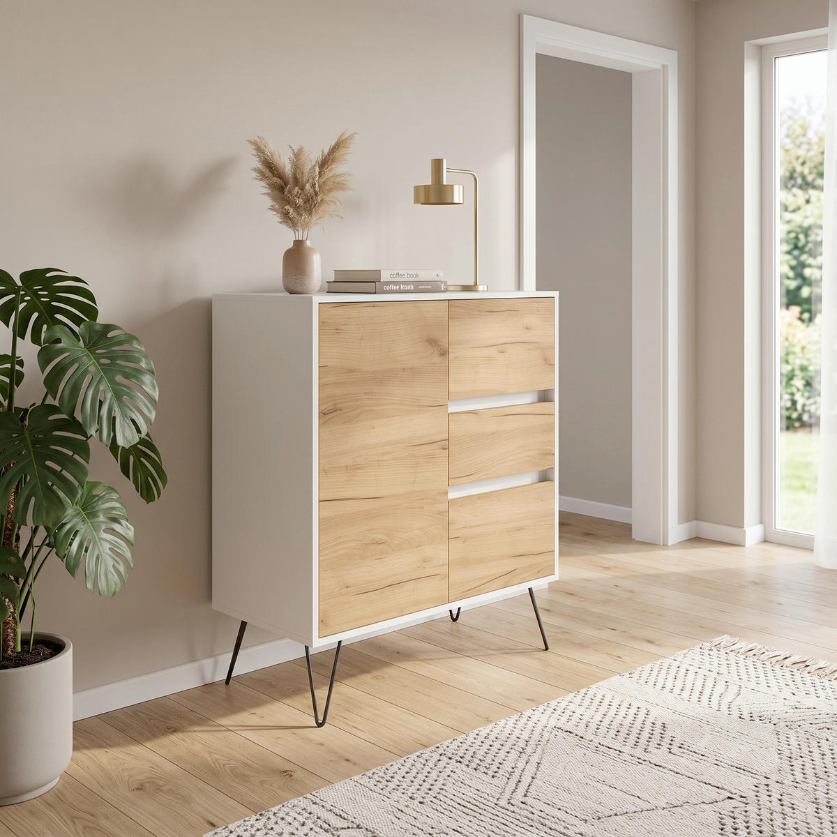 SIDEBOARD Posseik Industrial 76/93,6/42 cm 3 Schublade(n)  - Eichefarben/Weiß Hochglanz, Design, Holzwerkstoff/Metall (76/93,6/42cm) - MID.YOU