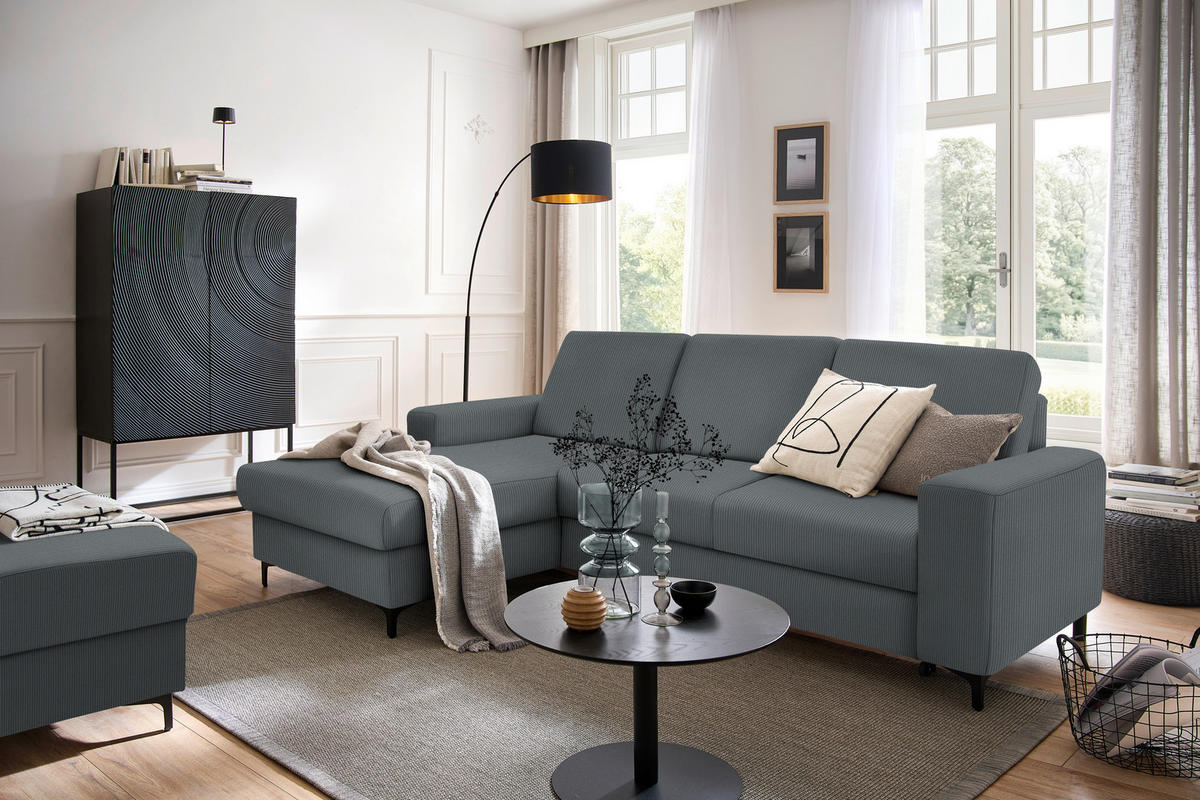 ECKSOFA in Cord Grau  - Schwarz/Grau, Konventionell, Textil/Metall (167/247cm) - Stylife