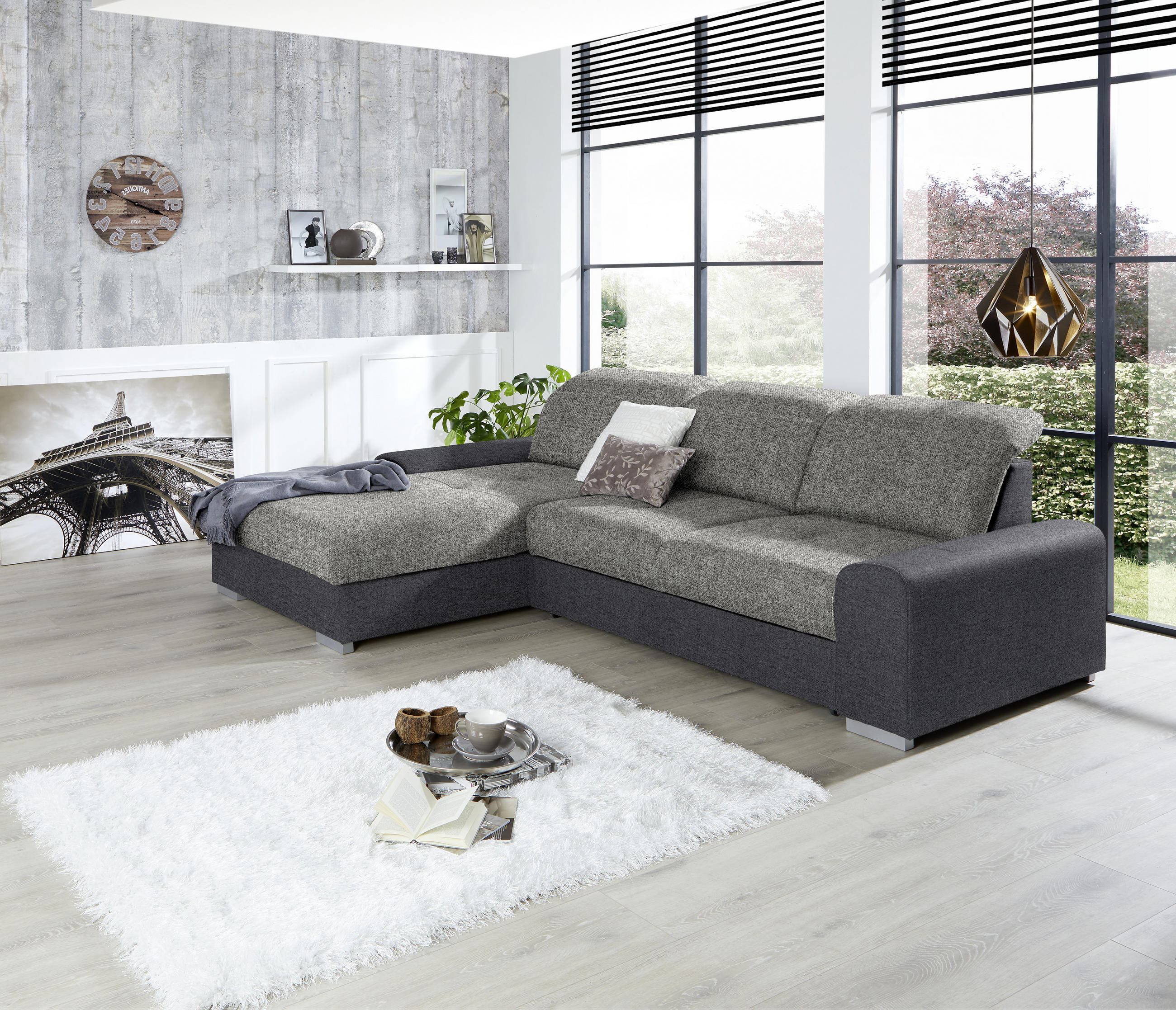 ECKSOFA in Webstoff Grau, Dunkelgrau  - Dunkelgrau/Silberfarben, Konventionell, Holz/Textil (203/286cm) - Livetastic