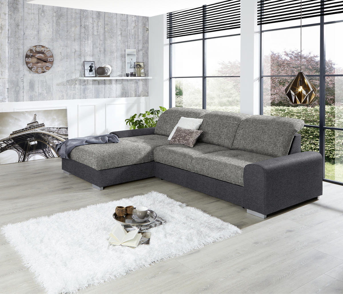 HÖRNSOFFA i vävt tyg grå, mörkgrå  - mörkgrå/silver, Klassisk, trä/textil (203/286cm) - Livetastic