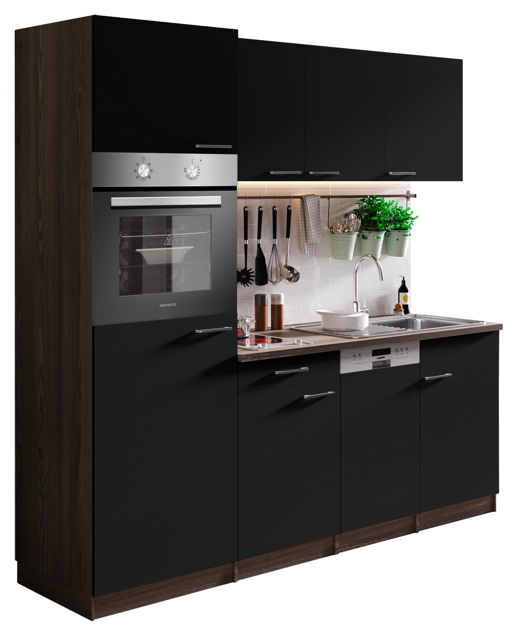KÜCHENBLOCK 205 cm   in Schwarz  - Eichefarben/Alufarben, Basics, Holzwerkstoff/Kunststoff (205cm) - Respekta