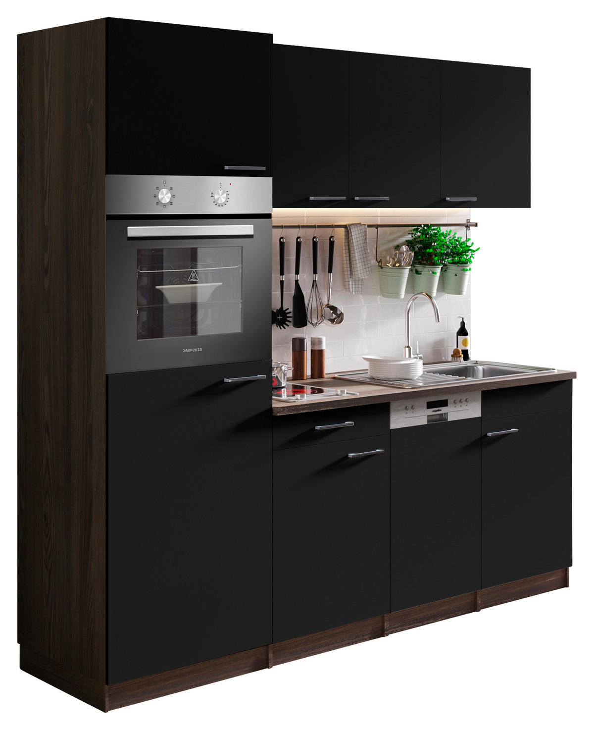KÜCHENBLOCK 205 cm   in Schwarz  - Eichefarben/Alufarben, Basics, Holzwerkstoff/Kunststoff (205cm) - Respekta