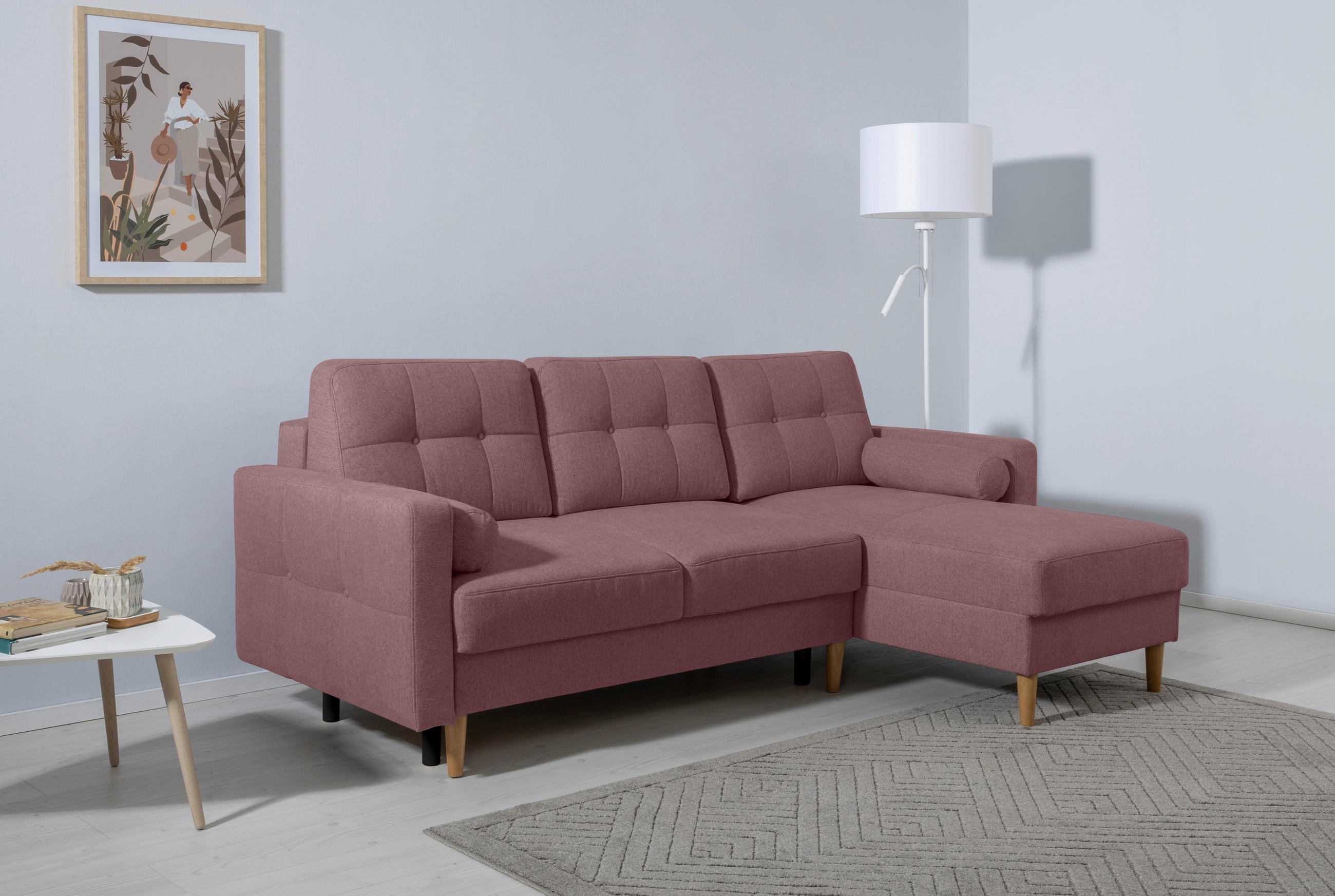 ECKSOFA Noret Beere Rückenkissen, Armlehnenkissen, Bettkasten, Schlaffunktion  - Beere/Buchefarben, Design, Holz/Textil (223/157cm) - MID.YOU
