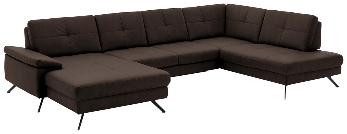 WOHNLANDSCHAFT in Lederlook, Mikrofaser Dunkelbraun  - Dunkelbraun/Schwarz, Design, Textil/Metall (345/220cm) - Beldomo System