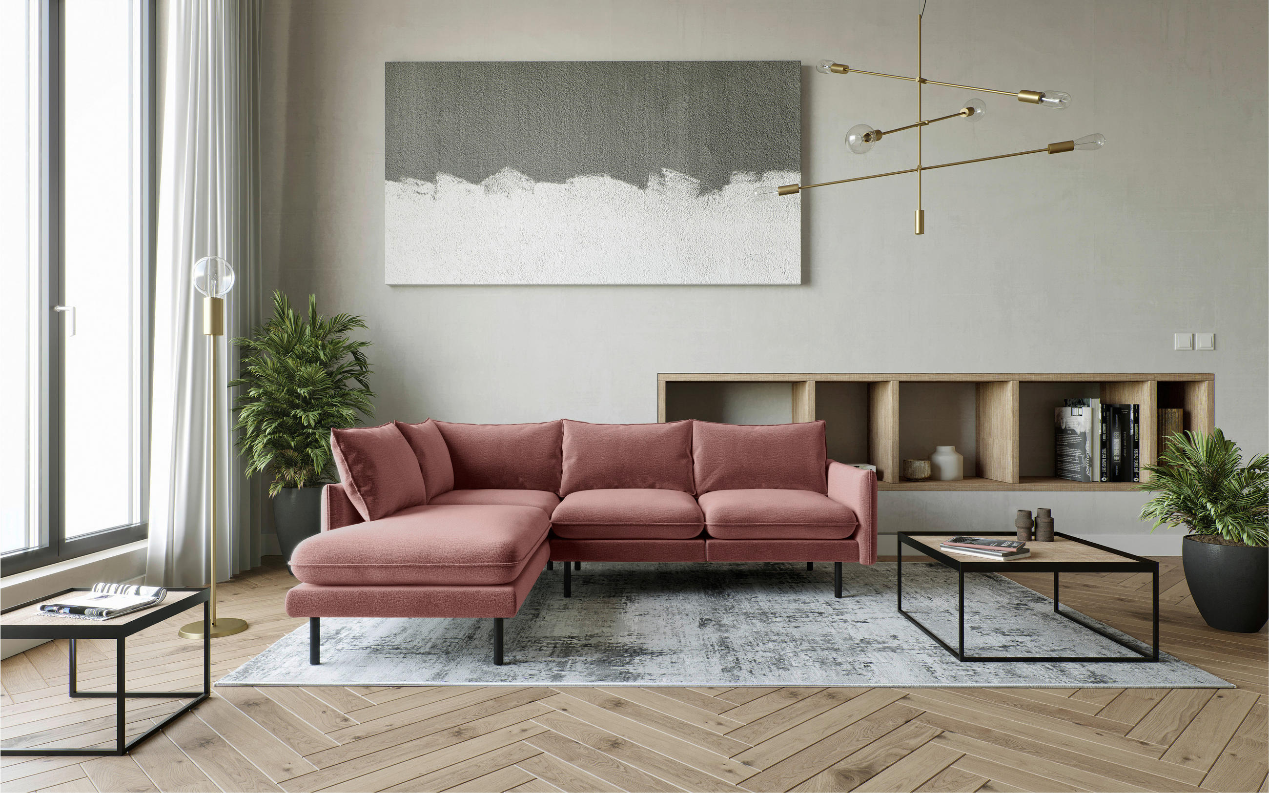 ECKSOFA in Flachgewebe Altrosa  - Altrosa/Schwarz, Design, Textil/Metall (204/267cm) - Livetastic
