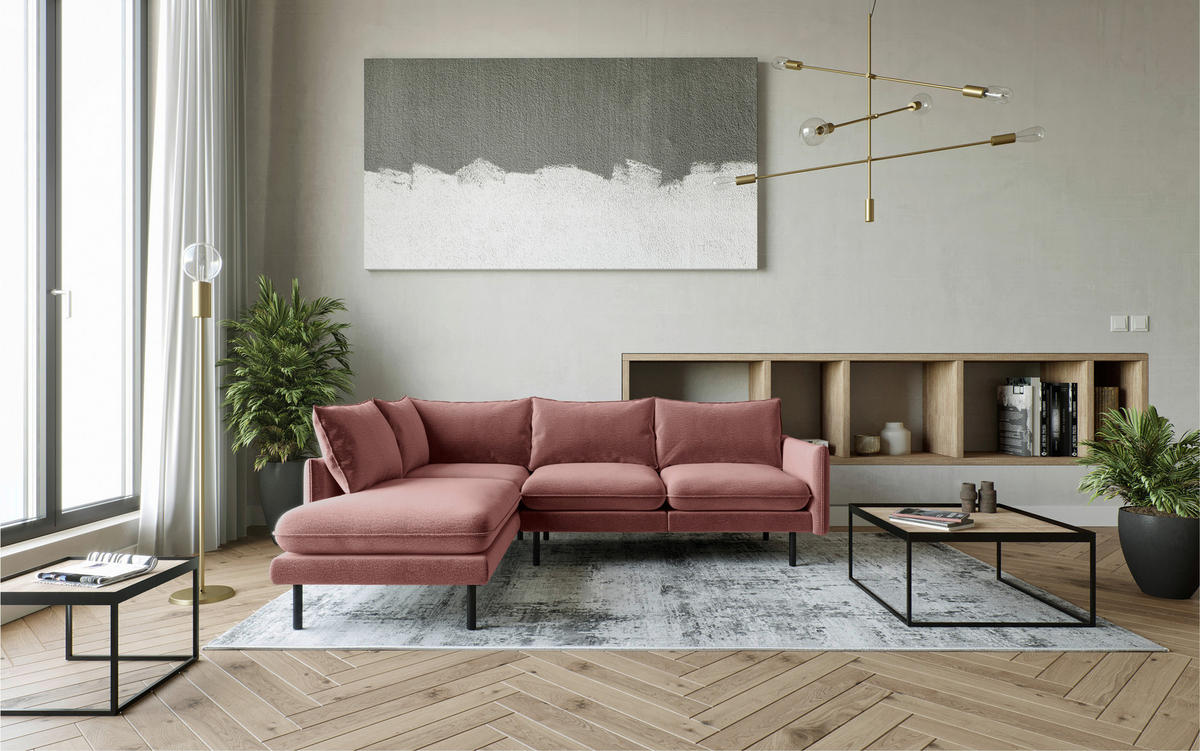 ECKSOFA in Flachgewebe Altrosa  - Altrosa/Schwarz, Design, Textil/Metall (204/267cm) - Livetastic