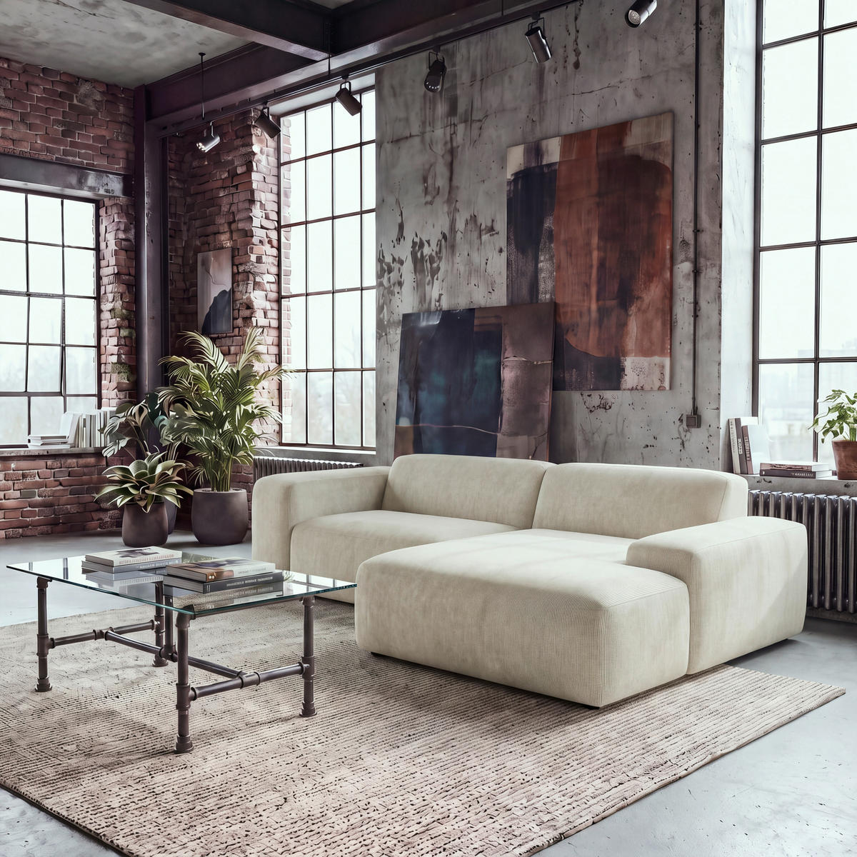 ECKSOFA HANNAH Beige Cord  - Beige/Schwarz, Design, Kunststoff/Textil (252/170cm) - MID.YOU