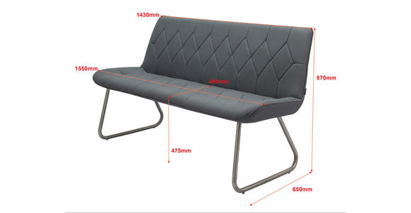 SITZBANK 155/87/65 cm in Grau - Edelstahlfarben/Grau, Design, Textil/Metall (155/87/65cm) - Novel