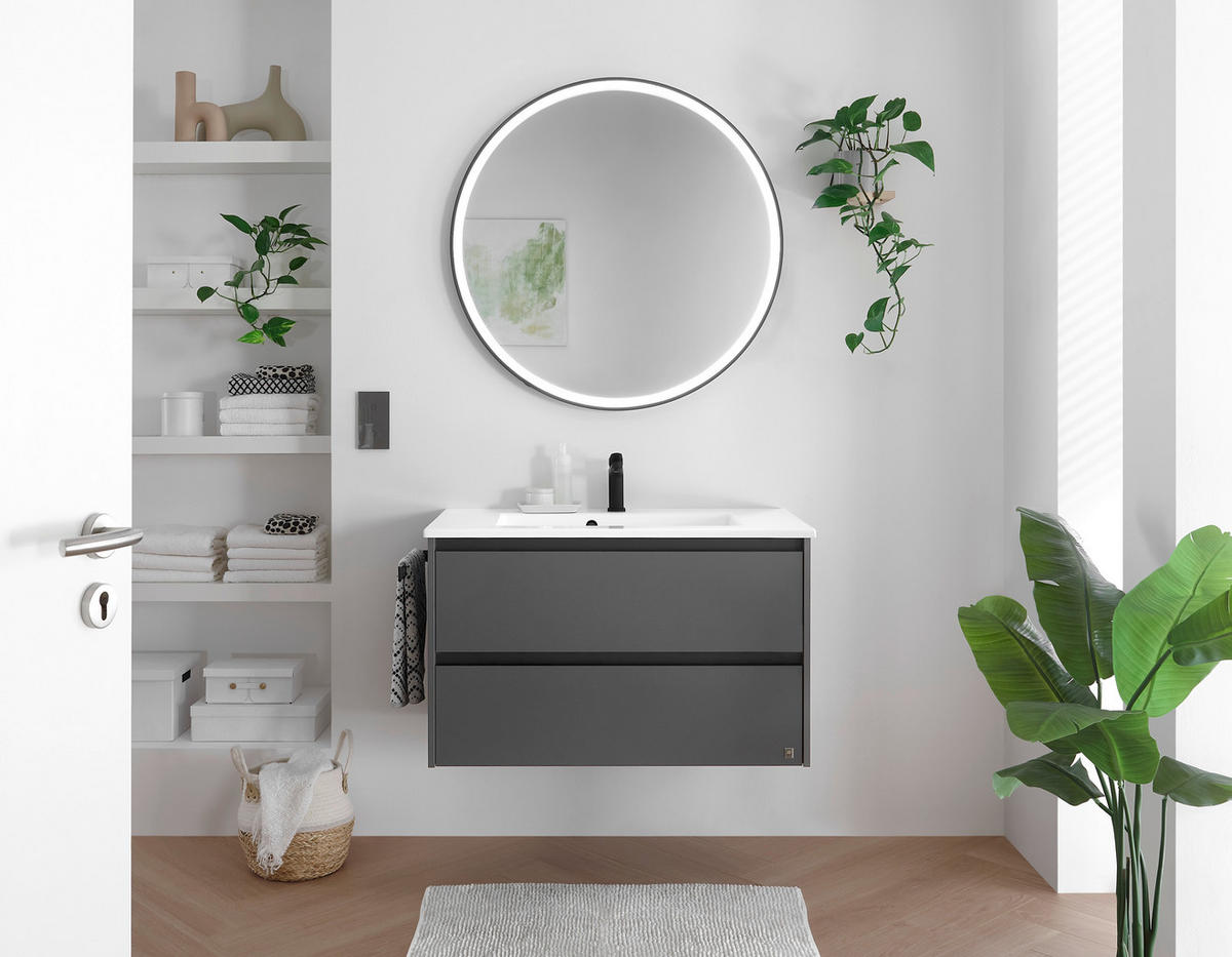 BADEZIMMER 3-teilig  in 92 cm  - Weiß/Grau, Design, Holzwerkstoff/Stein (92cm) - Musterring