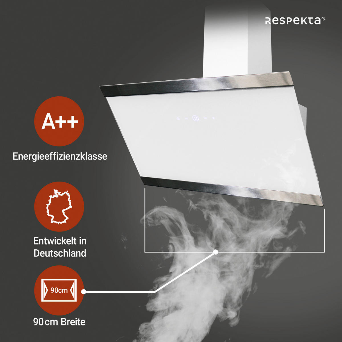 DUNSTABZUGSHAUBE CH89090W  - Weiß, Trend, Glas/Metall (89,5/74,2-109,2/38,5cm) - Respekta