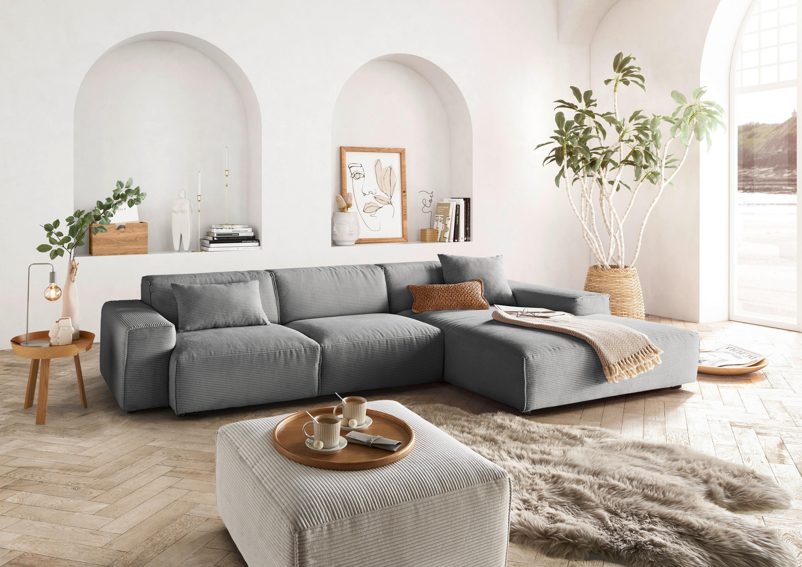 ECKSOFA in Cord Dunkelgrau  - Dunkelgrau/Schwarz, Design, Kunststoff/Textil (300/189cm) - Pure Home Lifestyle