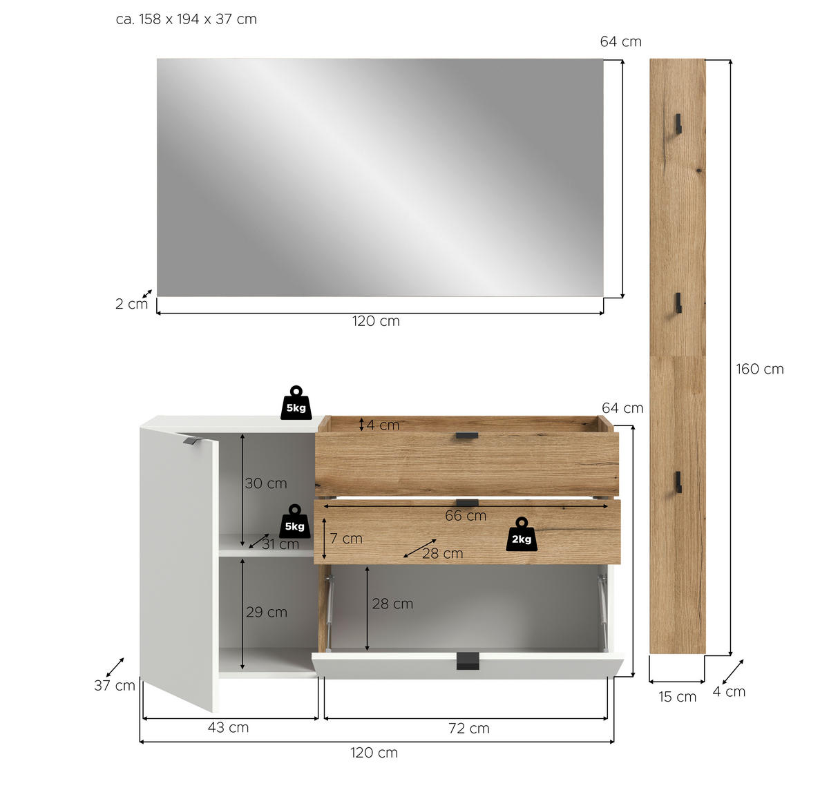 PREDSOBLJE  bijela, hrast tamni  - bijela/hrast tamni, Design, drvni materijal (158/194/37cm) - Livetastic