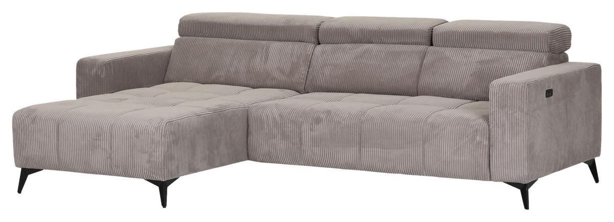 ECKSOFA Taupe Cord Rücken echt, Kopfteilverstellung, Sitzvorzug  - Taupe/Schwarz, KONVENTIONELL, Textil/Metall (170/257cm) - Carryhome
