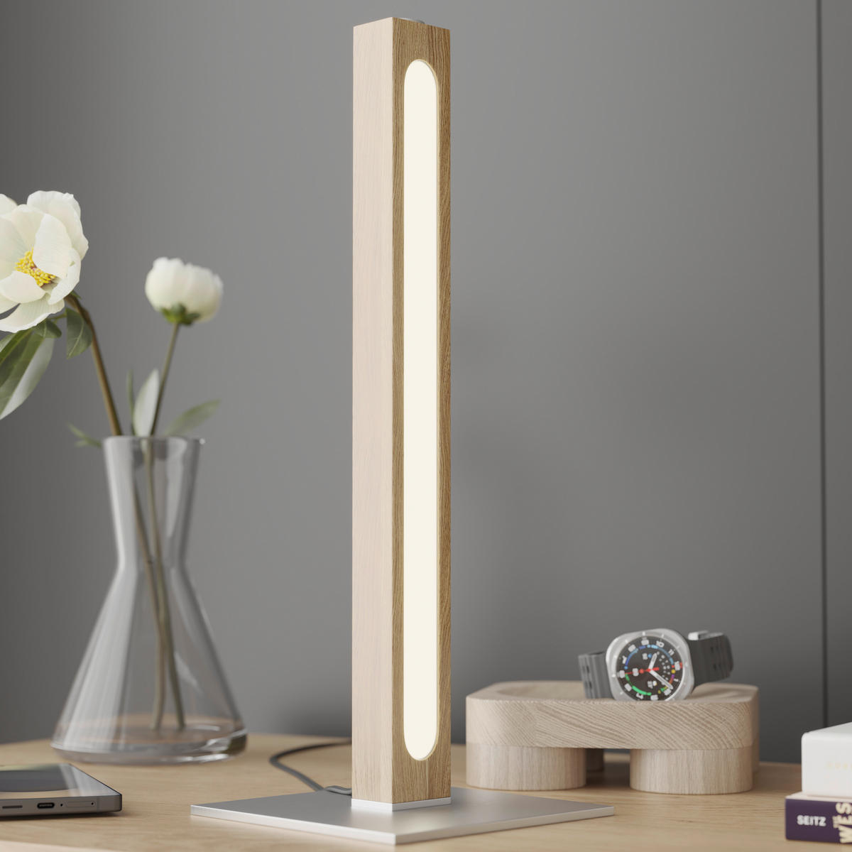 LED-TISCHLEUCHTE 15/40/15 cm   - Eichefarben/Nickelfarben, LIFESTYLE, Holz/Kunststoff (15/40/15cm) - Novel