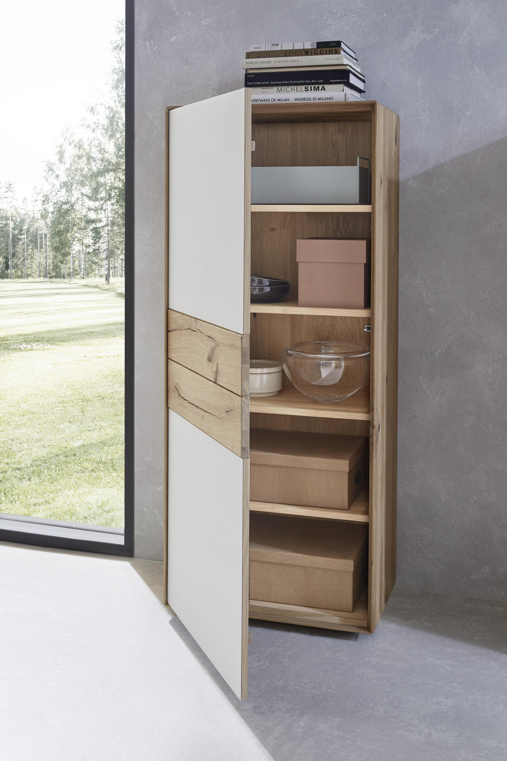 HIGHBOARD Weiss, Eichefarben  62/148/40 cm  - Weiss/Eichefarben, Design, Glas/Holz (62/148/40cm) - Valnatura