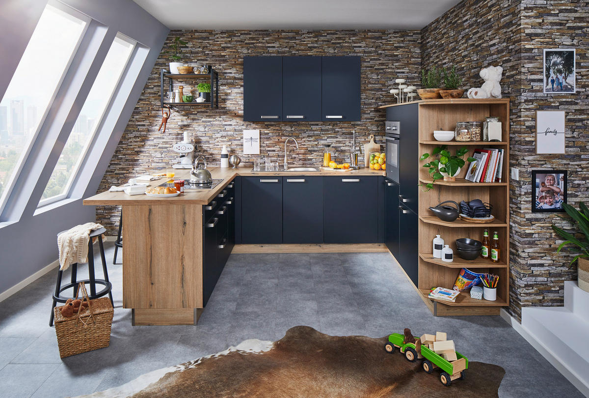 EINBAUKÜCHE   - Eichefarben/Anthrazit, Basics, Holzwerkstoff - Welnova