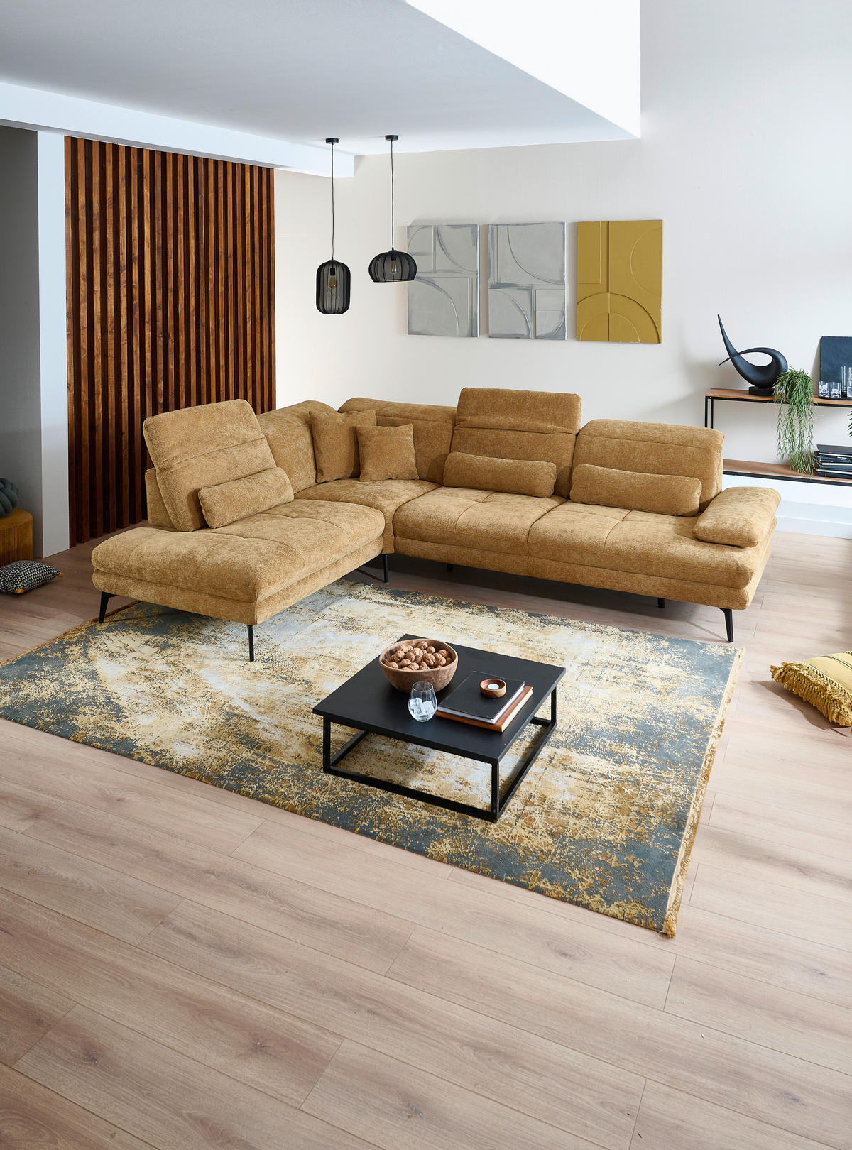 ECKSOFA Beldomo System Dunkelgelb Chenille Rücken echt, Kopfteilverstellung  - Dunkelgelb/Schwarz, Design, Textil/Metall (235/311cm) - Beldomo System