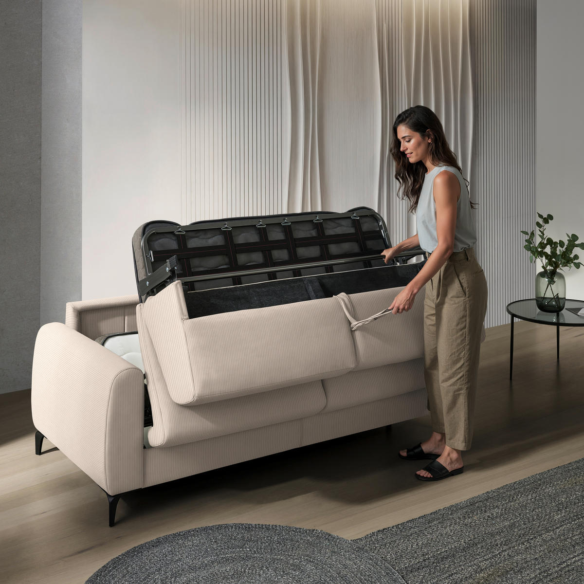SCHLAFSOFA  in Cord Creme  - Creme/Schwarz, KONVENTIONELL, Holz/Textil (203/88/102cm) - Novel