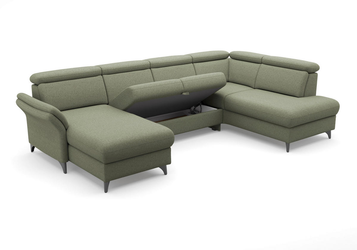 WOHNLANDSCHAFT GLENDALE E Olivgrün Flachgewebe  - Schwarz/Olivgrün, KONVENTIONELL, Textil/Metall (166/321/193cm) - Sit & More