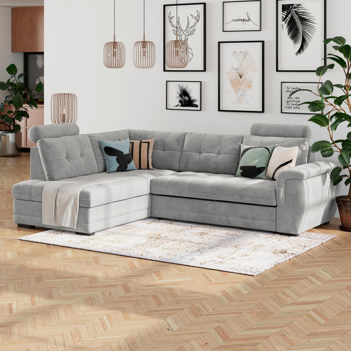 ECKSOFA  Mikrofaser, Struktur Silberfarben  - Silberfarben/Schwarz, Konventionell, Kunststoff/Textil (251/183cm) - MID.YOU