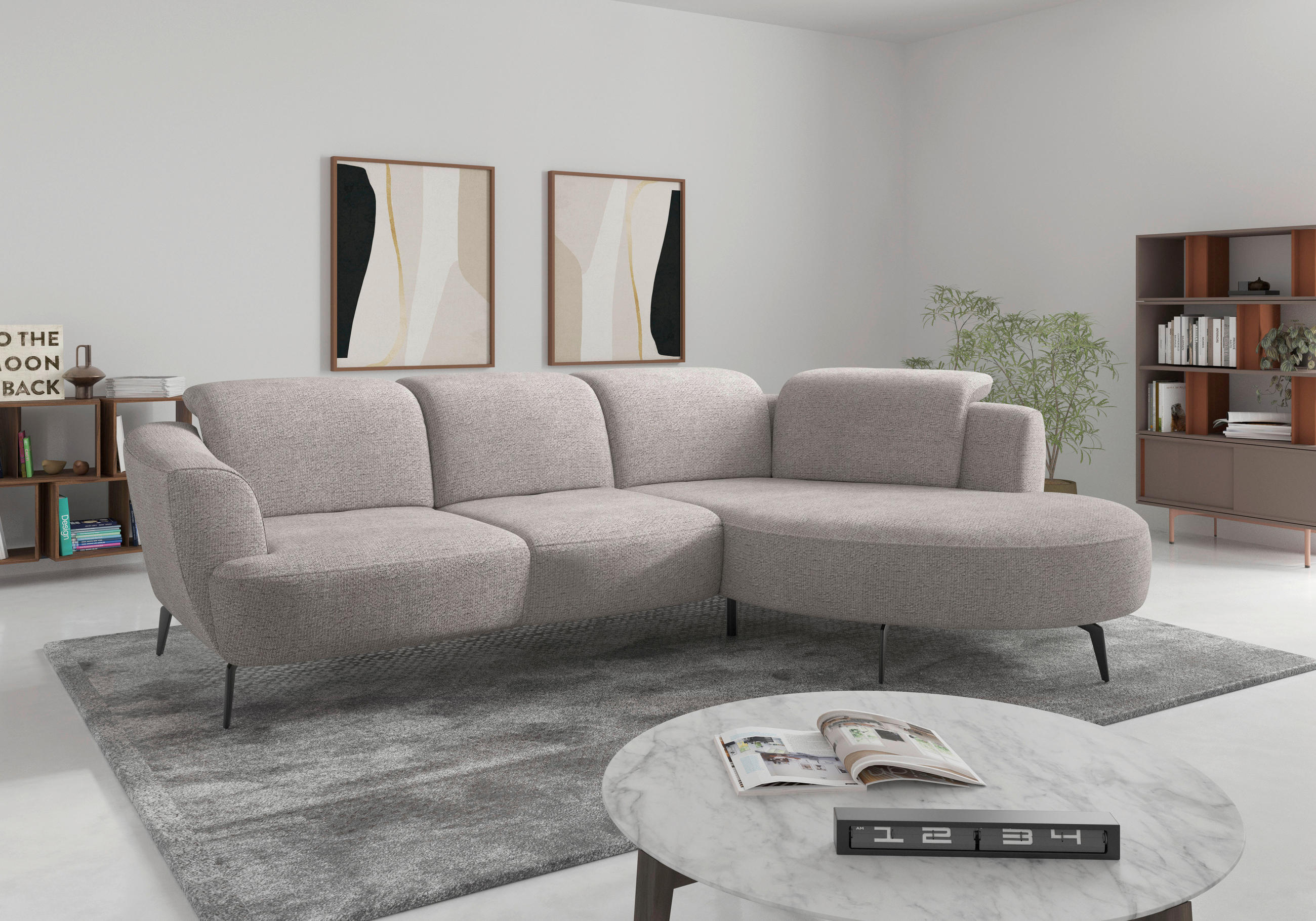 ECKSOFA ZOE E Silberfarben Chenille  - Silberfarben/Schwarz, KONVENTIONELL, Textil/Metall (309/199cm) - Sit & More